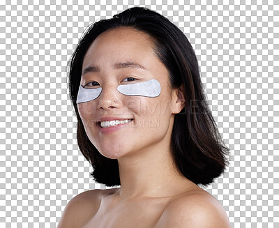 Buy stock photo Happy asian woman, portrait and eye patches for skincare beauty isolated on a transparent PNG background. Female person smiling with pads on eyes for anti aging, cosmetics or facial spa treatment