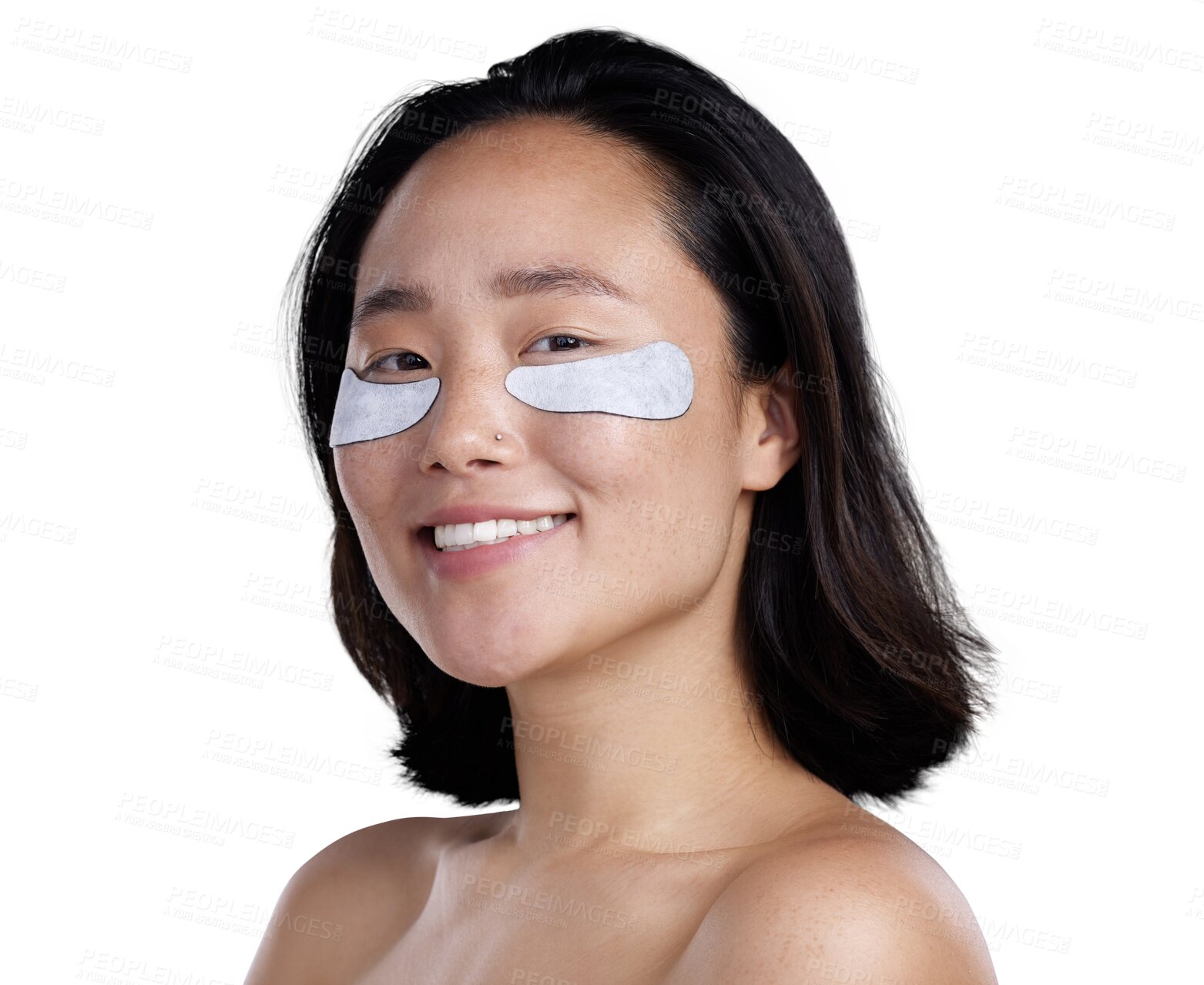 Buy stock photo Happy asian woman, portrait and eye patches for skincare beauty isolated on a transparent PNG background. Female person smiling with pads on eyes for anti aging, cosmetics or facial spa treatment