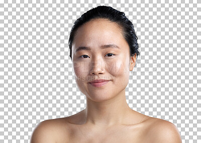 Buy stock photo Asian woman, face and portrait smile in skincare with natural beauty isolated on a transparent PNG background. Female person smiling in perfect skin, cosmetics or dermatology for facial spa treatment