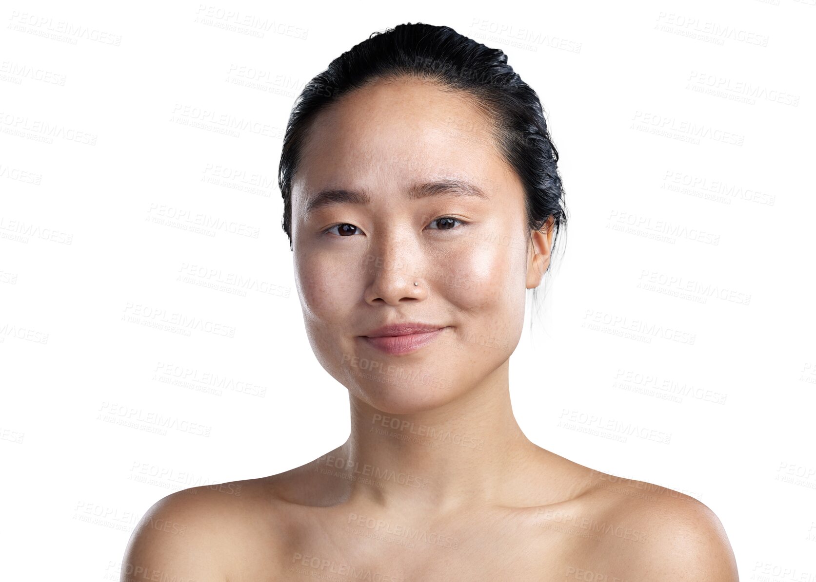 Buy stock photo Asian woman, face and portrait smile in skincare with natural beauty isolated on a transparent PNG background. Female person smiling in perfect skin, cosmetics or dermatology for facial spa treatment