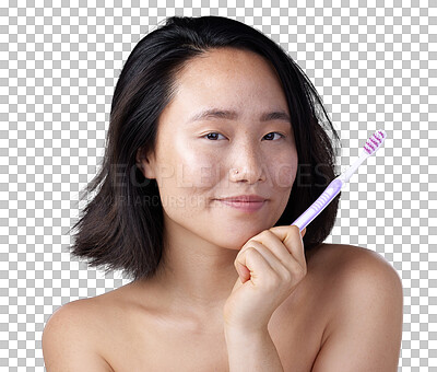 Buy stock photo Happy asian woman, portrait and toothbrush for dental care isolated on a transparent PNG background. Face of female person with smile for tooth whitening, cleaning or teeth, gum or oral hygiene