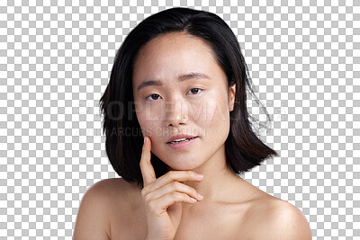 Buy stock photo Asian woman, portrait and thinking face in skincare for beauty isolated on a transparent PNG background. Thoughtful female person in think, decision or choice and finger on cheek for idea or solution