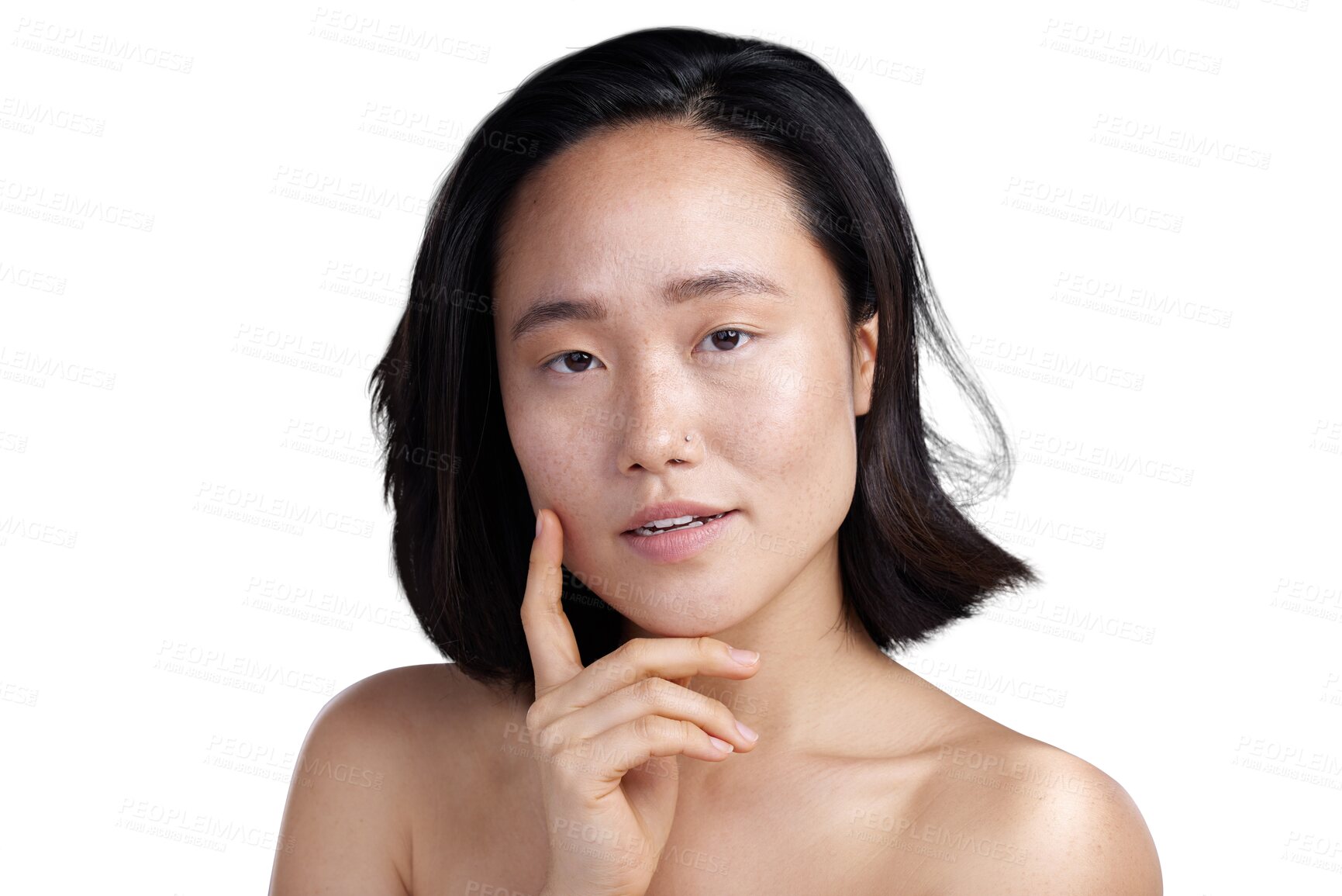 Buy stock photo Asian woman, portrait and thinking face in skincare for beauty isolated on a transparent PNG background. Thoughtful female person in think, decision or choice and finger on cheek for idea or solution