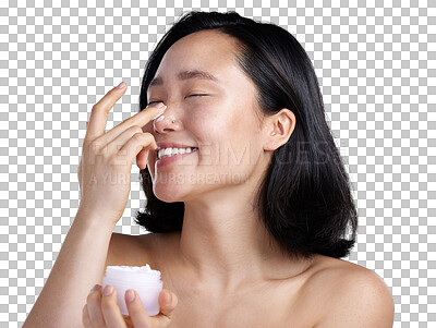 Buy stock photo Happy asian woman, smile and skincare cream for soft skin isolated on a transparent PNG background. Face of female person smiling with container of lotion, creme or cosmetics for facial spa treatment