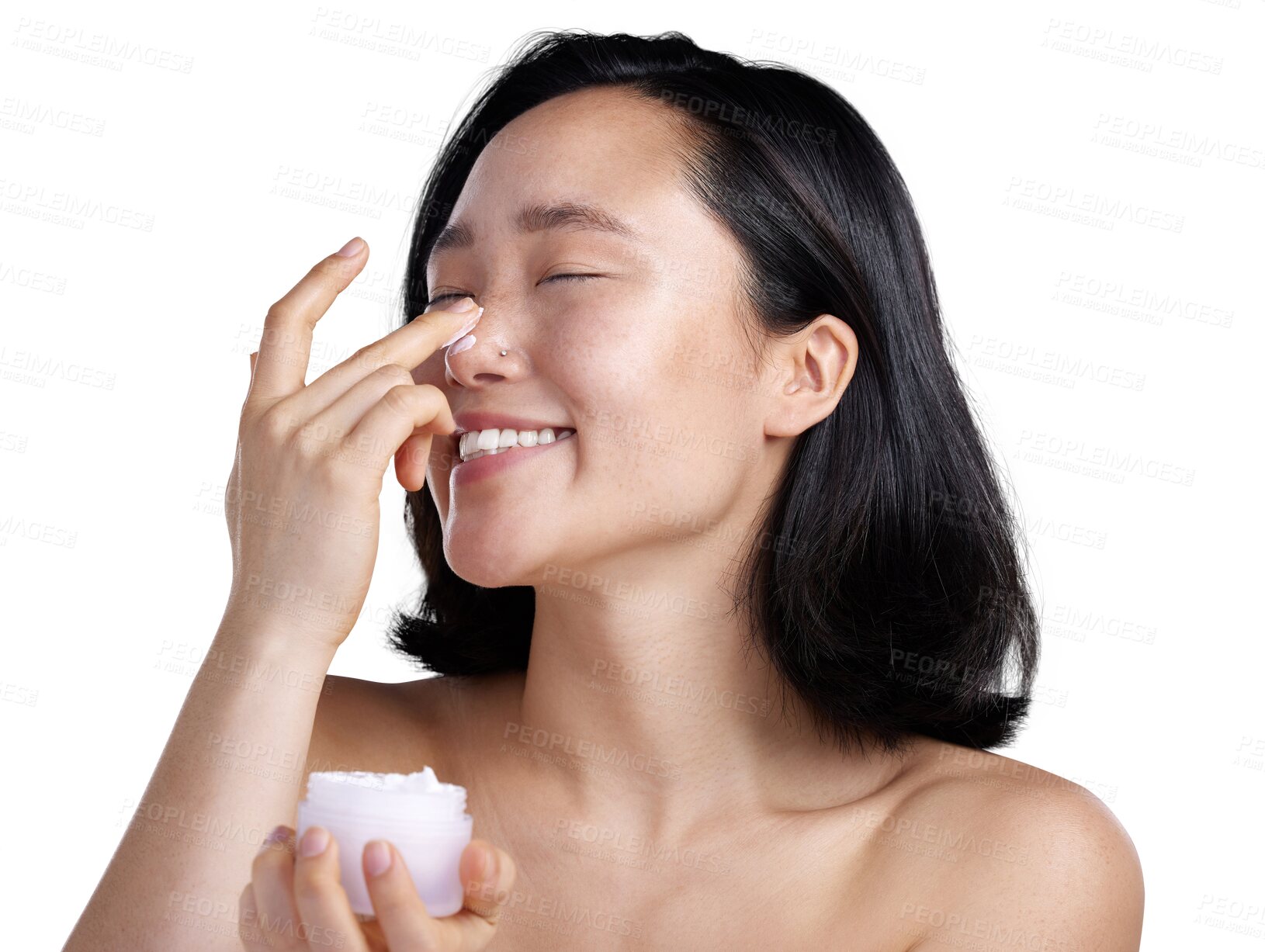 Buy stock photo Happy asian woman, smile and skincare cream for soft skin isolated on a transparent PNG background. Face of female person smiling with container of lotion, creme or cosmetics for facial spa treatment