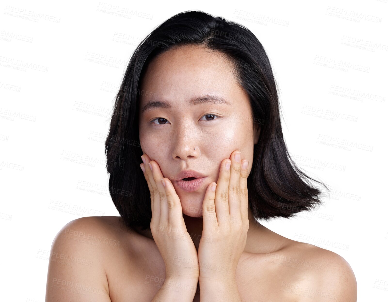 Buy stock photo Asian woman, portrait and hands on face in skincare isolated on a transparent PNG background. Calm female person touching perfect skin in relax for spa, dermatology or facial treatment and self love