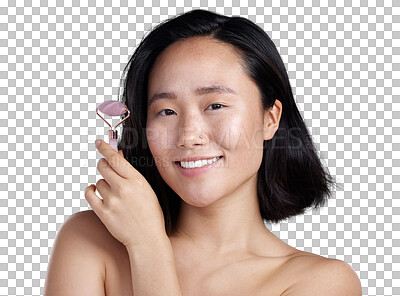 Buy stock photo Happy asian woman, portrait and roller in skincare isolated on a transparent PNG background. Female person smile in healthy skin, dermatology or anti aging beauty with rose quartz in facial treatment