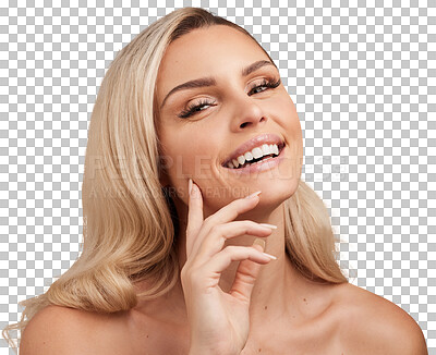 Buy stock photo Beauty, laughing and face of a woman with makeup isolated on a transparent, png background. Happy female aesthetic model person with skin glow, foundation and facial cosmetics for healthy shine