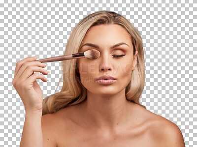 Buy stock photo Woman, beauty and makeup with brush, foundation or powder and cosmetics isolated on transparent png background. Face, cosmetic tools with gold or bronze shine on skin, female model and cosmetology