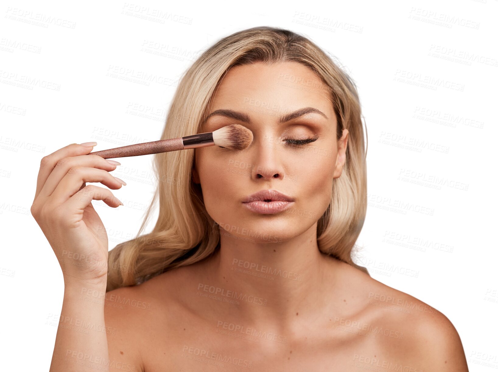 Buy stock photo Woman, beauty and makeup with brush, foundation or powder and cosmetics isolated on transparent png background. Face, cosmetic tools with gold or bronze shine on skin, female model and cosmetology