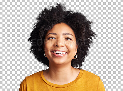 Buy stock photo Student, portrait and African woman with smile, happiness and confidence for education, college or learning on transparent, isolated or png background. Girl, face and person excited for university