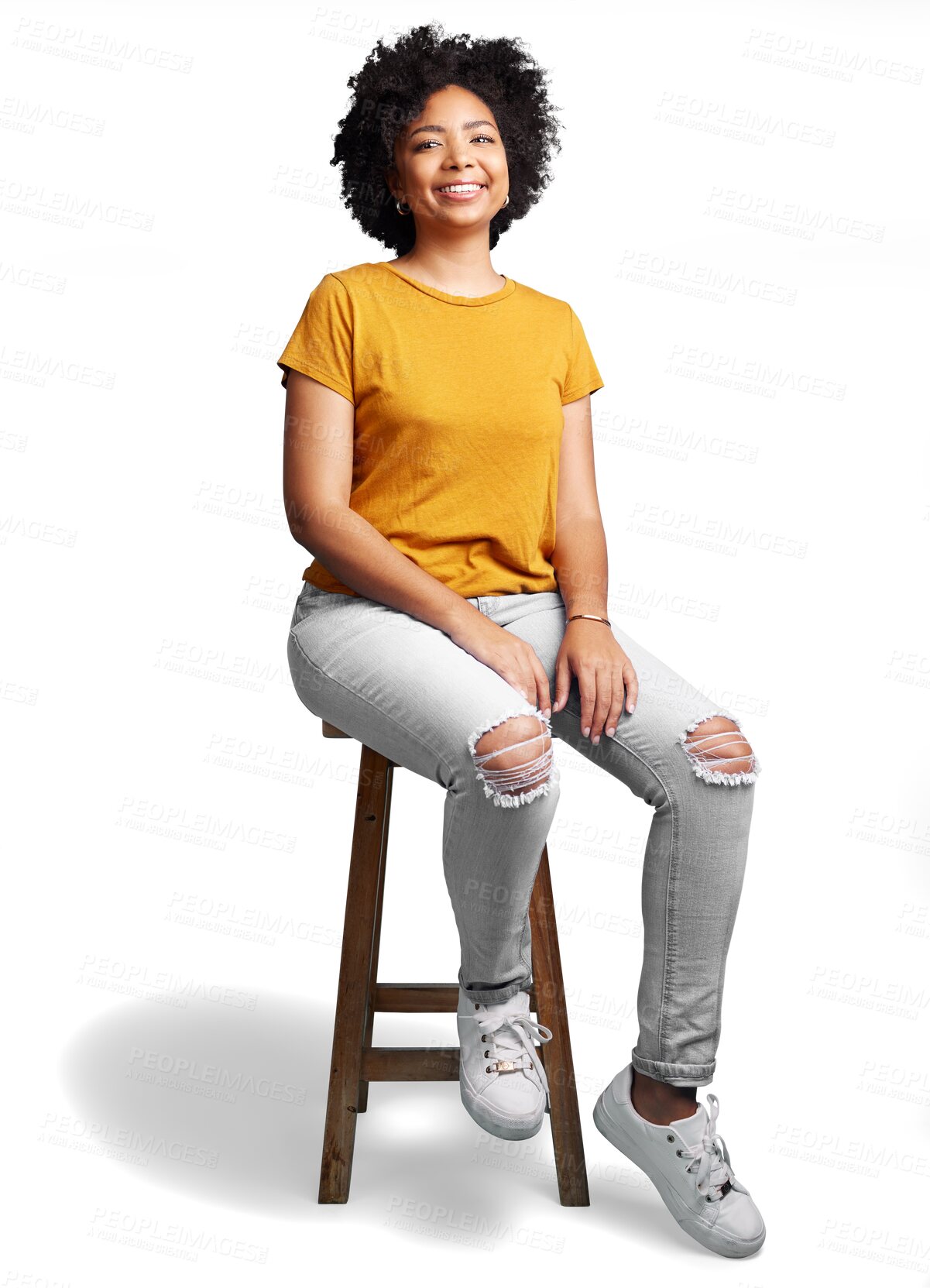 Buy stock photo Chair, fashion and portrait of woman with casual style, smile and confidence isolated in a transparent or png background. Relax, calm and confident young female person sitting on stool in happiness