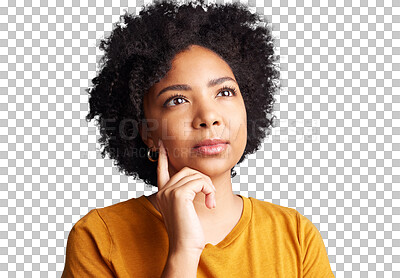 Buy stock photo Wonder, thinking or girl confused by ideas or problem solving isolated on transparent png background. Pondering, remember decision or thoughtful face of woman with confusion, solution plan or choice