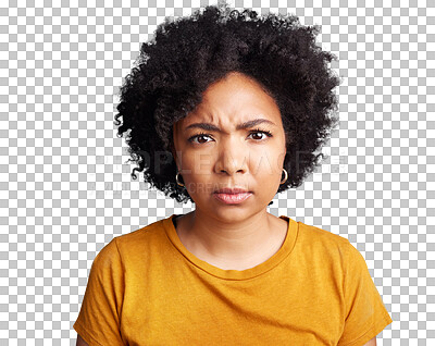 Buy stock photo Confused, portrait and young woman isolated on transparent, png background with serious question for college. Doubt, why or decision with gen z face or african person in casual tshirt for university