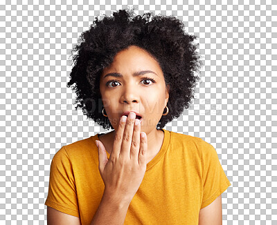 Buy stock photo Portrait, gossip or shocked woman cover mouth for secret isolated on transparent png background. Hands on lips, wow or amazed face of girl surprised by crazy announcement, drama story or fake news 