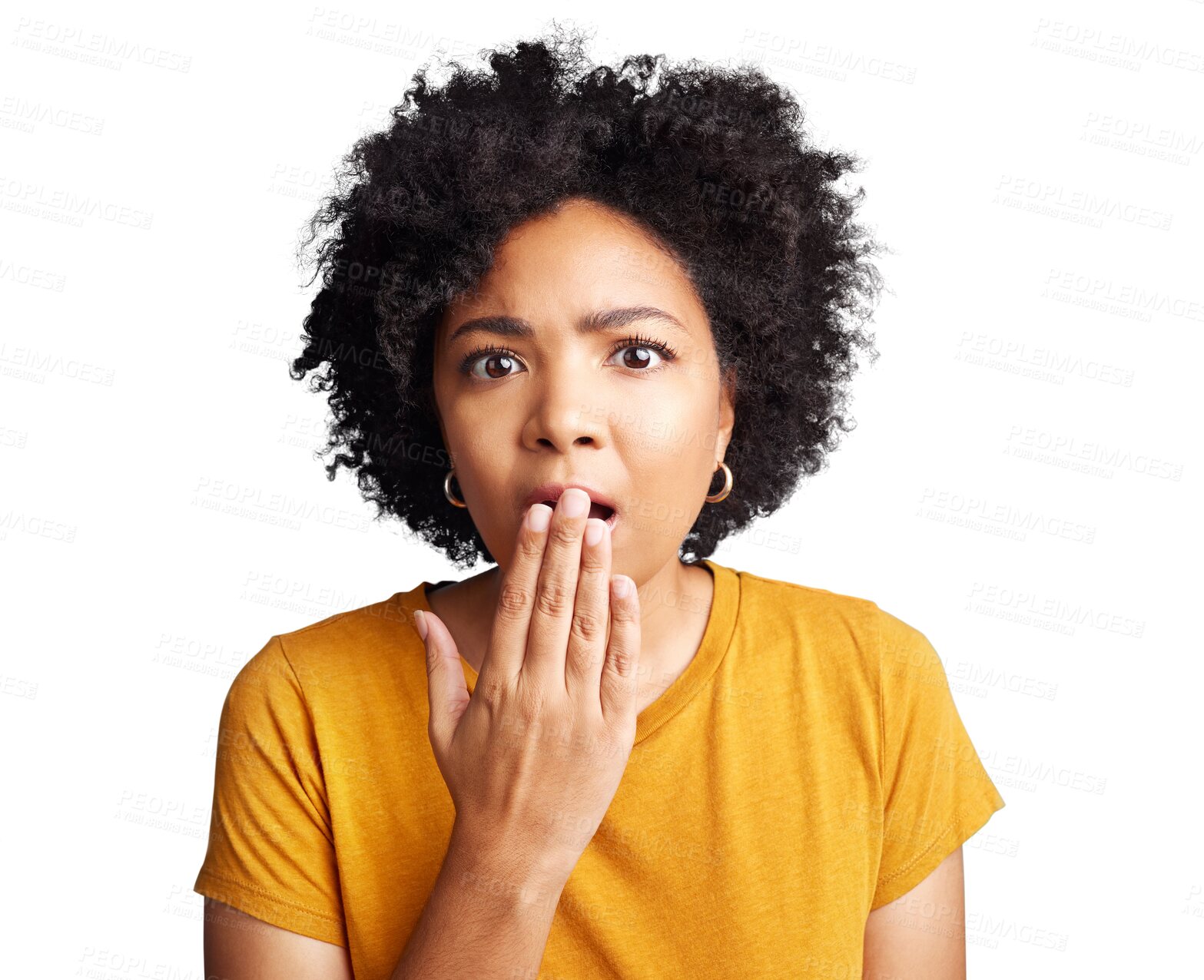 Buy stock photo Portrait, gossip or shocked woman cover mouth for secret isolated on transparent png background. Hands on lips, wow or amazed face of girl surprised by crazy announcement, drama story or fake news 