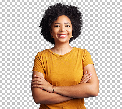 Buy stock photo Student, African woman and portrait with arms crossed, smile and happiness in education, college or learning on transparent, isolated or png background. Girl, face and person excited for university