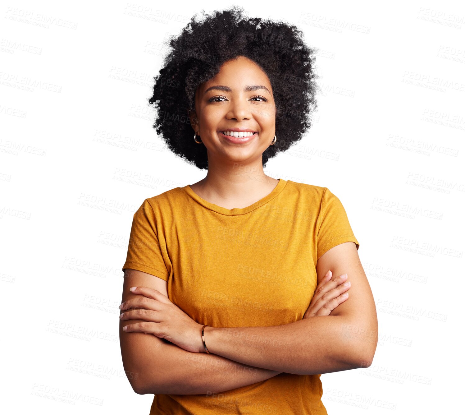 Buy stock photo Student, African woman and portrait with arms crossed, smile and happiness in education, college or learning on transparent, isolated or png background. Girl, face and person excited for university