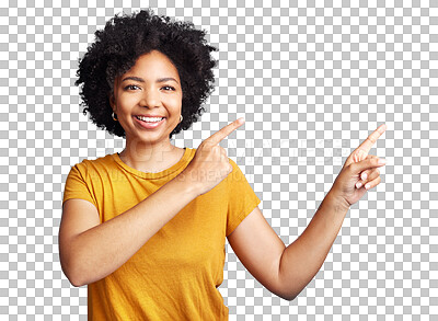 Buy stock photo Portrait, pointing or happy woman with offer, promotion or deal isolated on transparent png background. Recommendations, smile or girl with afro showing news with hand gesture or deal announcement 