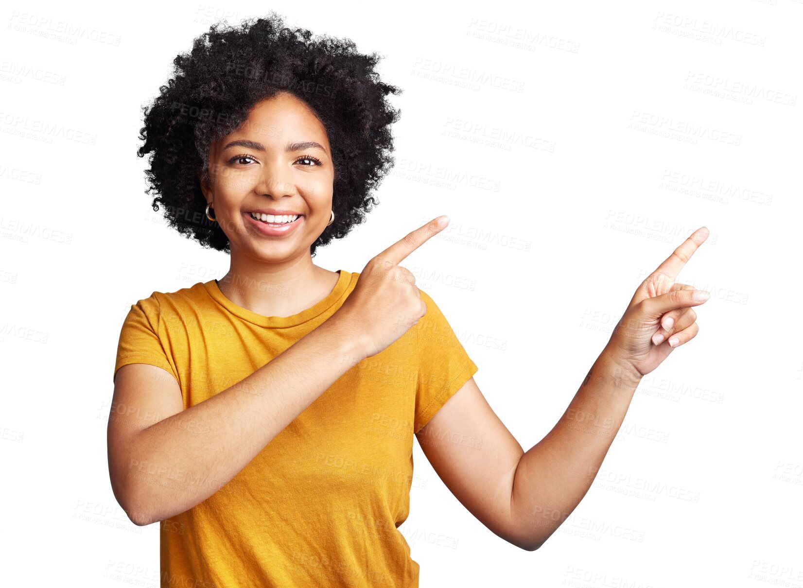 Buy stock photo Portrait, pointing or happy woman with offer, promotion or deal isolated on transparent png background. Recommendations, smile or girl with afro showing news with hand gesture or deal announcement 