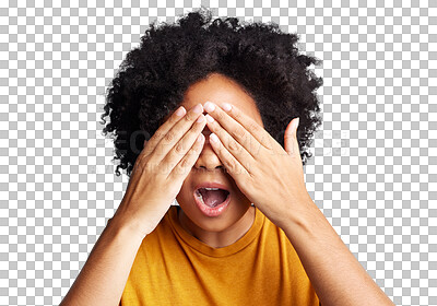 Buy stock photo Woman, hands cover eyes with surprise and fear, wow reaction and hiding isolated on transparent png background. Shocking news, gossip and drama with female person scared and secret announcement