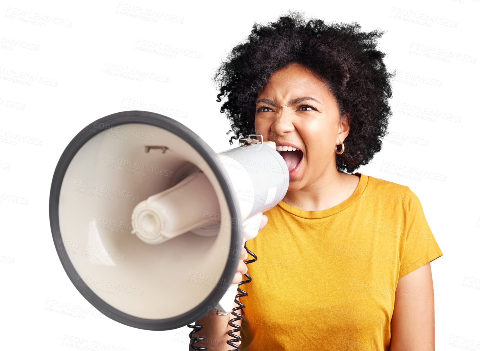 Buy stock photo Angry woman, megaphone and shouting in protest with afro isolated on a transparent PNG background. African female person screaming, yelling or scam in vocal shout, protesting or loud announcement