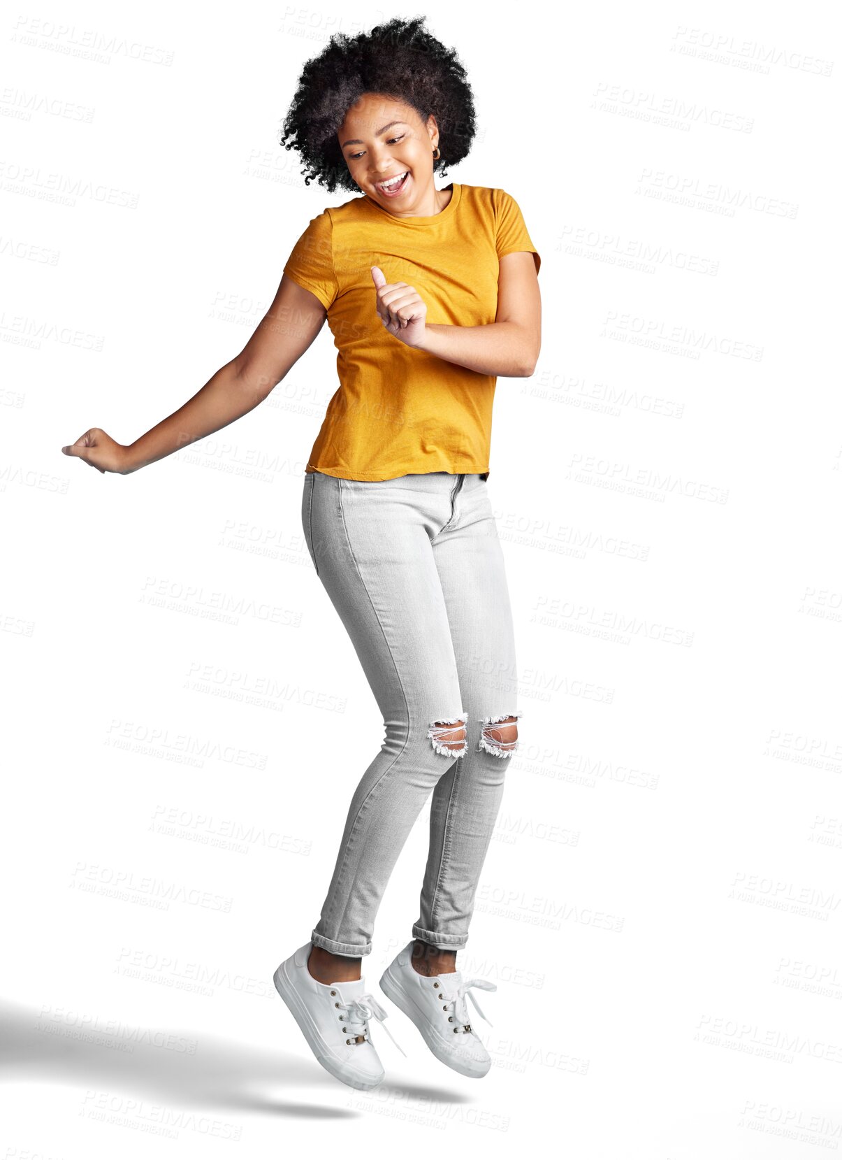 Buy stock photo Isolated young African woman, dance and happy with jump, moving or steps by transparent png background. Gen z dancer girl, model and college student with freedom, balance or excited smile for dancing