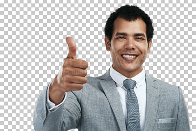 Buy stock photo Face, thumbs up and smile of business man isolated on a transparent png background. Portrait, entrepreneur and like hand gesture for support, success emoji or vote for agreement on corporate feedback