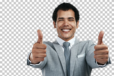 Buy stock photo Thumbs up, face and happy man for business isolated on a transparent png background. Portrait, entrepreneur or like hand gesture for support, success emoji or vote for agreement on corporate feedback