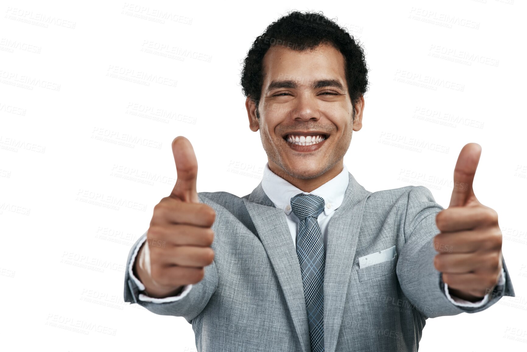 Buy stock photo Thumbs up, face and happy man for business isolated on a transparent png background. Portrait, entrepreneur or like hand gesture for support, success emoji or vote for agreement on corporate feedback