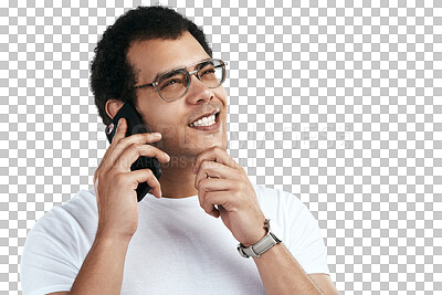 Buy stock photo Phone call, thinking and man or student for university choice, chat or ideas isolated on transparent png background. News, mobile contact and person with vision, future plan and college communication