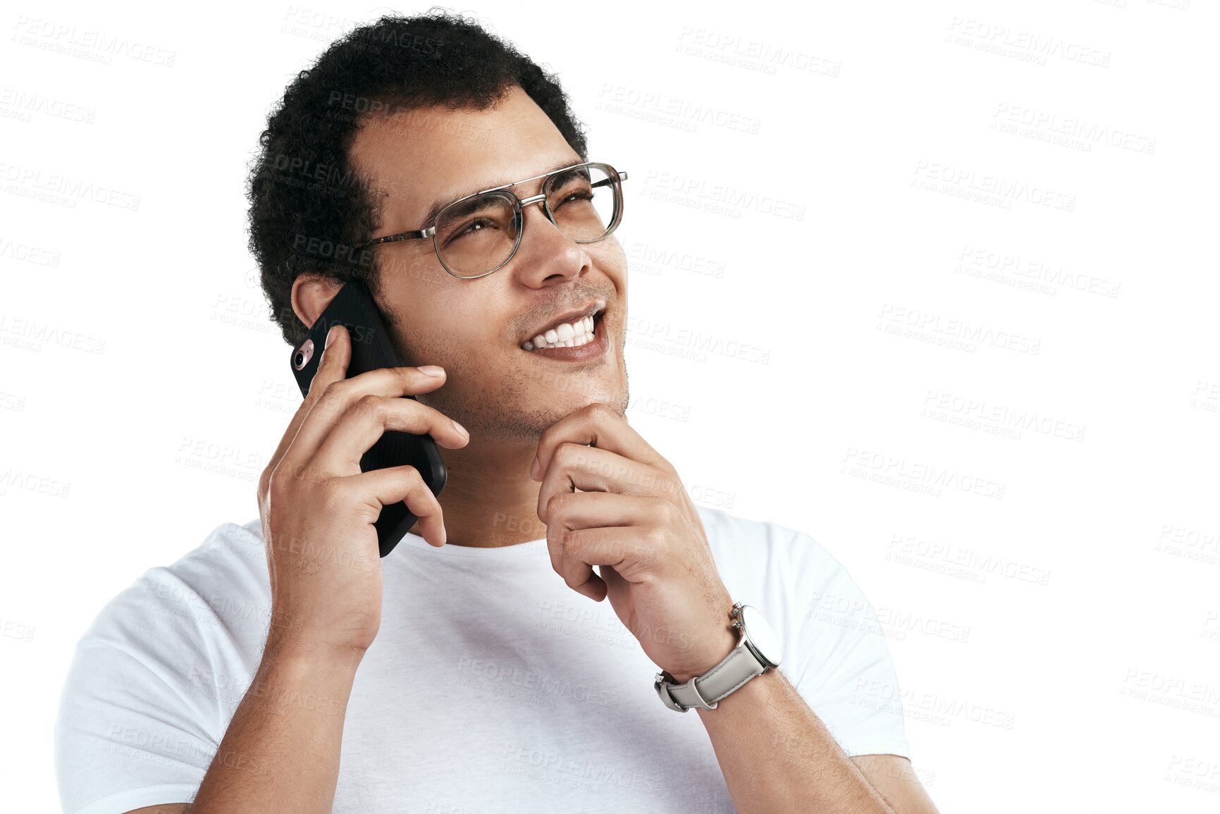 Buy stock photo Phone call, thinking and man or student for university choice, chat or ideas isolated on transparent png background. News, mobile contact and person with vision, future plan and college communication