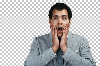 Buy stock photo Surprise, stress and business man in portrait isolated on transparent, png background of news, mistake or crisis. Accident, emergency and shocked corporate person for career problem, risk or job fail