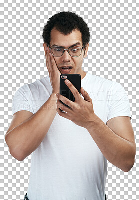 Buy stock photo Shocked, confused and man reading phone isolated on transparent, png background of fake news, wrong email or mistake. Person or mobile user surprise, fear and stress for scam, spam problem or error