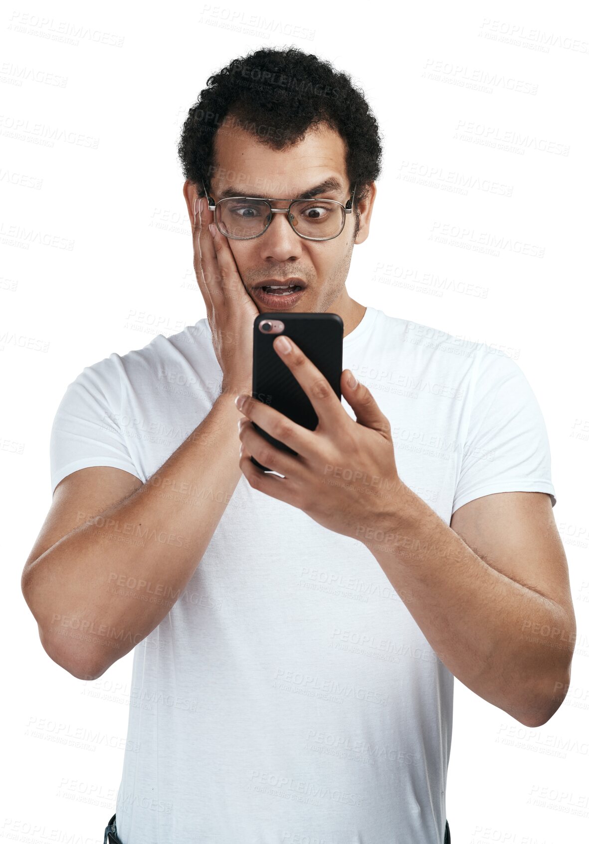 Buy stock photo Shocked, confused and man reading phone isolated on transparent, png background of fake news, wrong email or mistake. Person or mobile user surprise, fear and stress for scam, spam problem or error