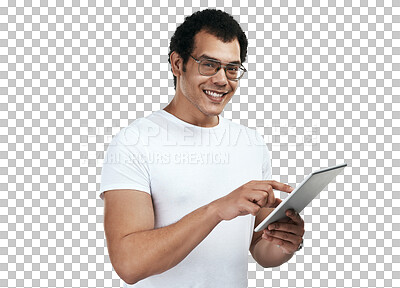 Buy stock photo Tablet, smile and portrait of man on internet isolated on a transparent png background. Technology, face and person with glasses online on web, email or app for communication, social media or network