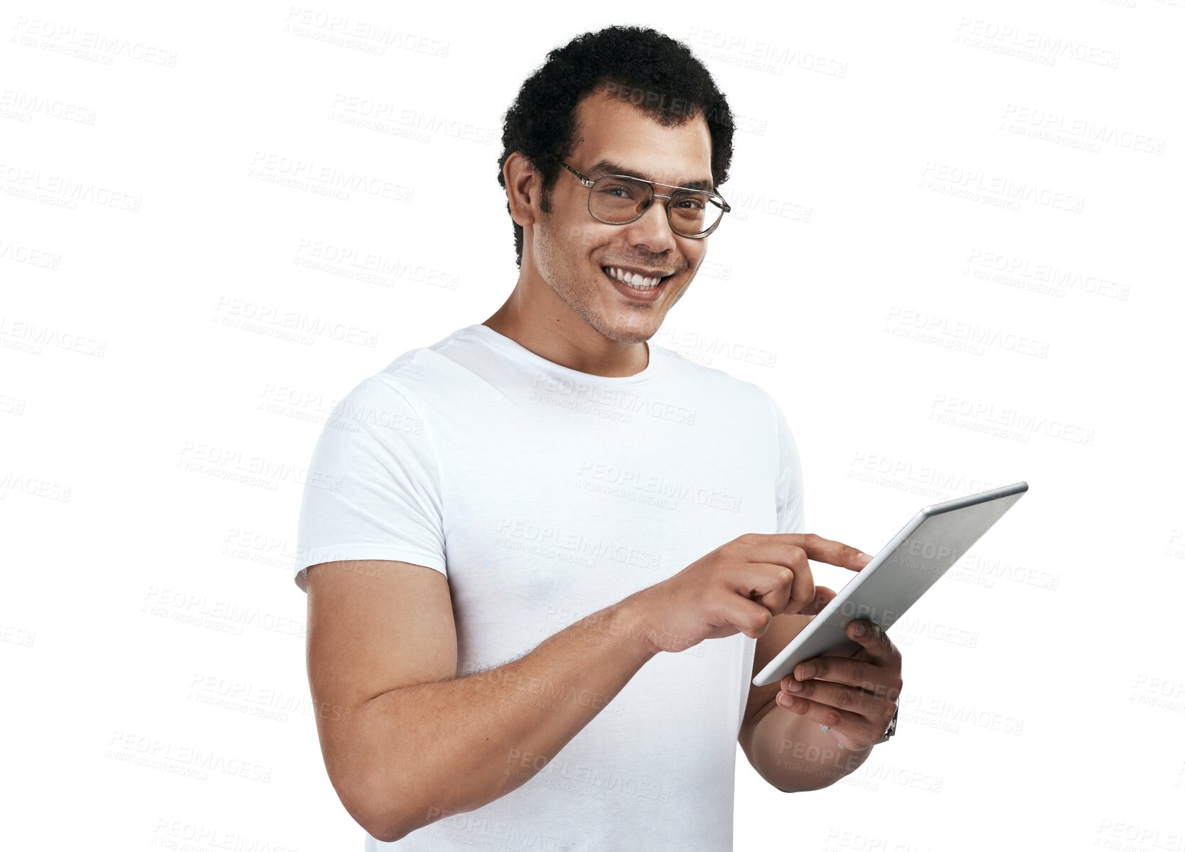 Buy stock photo Tablet, smile and portrait of man on internet isolated on a transparent png background. Technology, face and person with glasses online on web, email or app for communication, social media or network