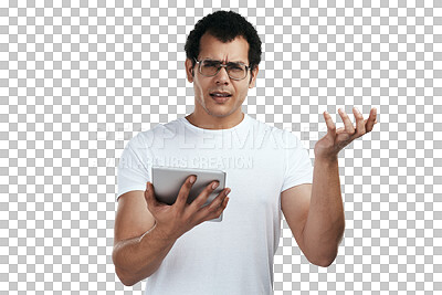 Buy stock photo Doubt, confused and portrait of man with tablet on isolated, PNG and transparent background with problem. Digital tech, frustrated and male person with online glitch, scam email and internet error