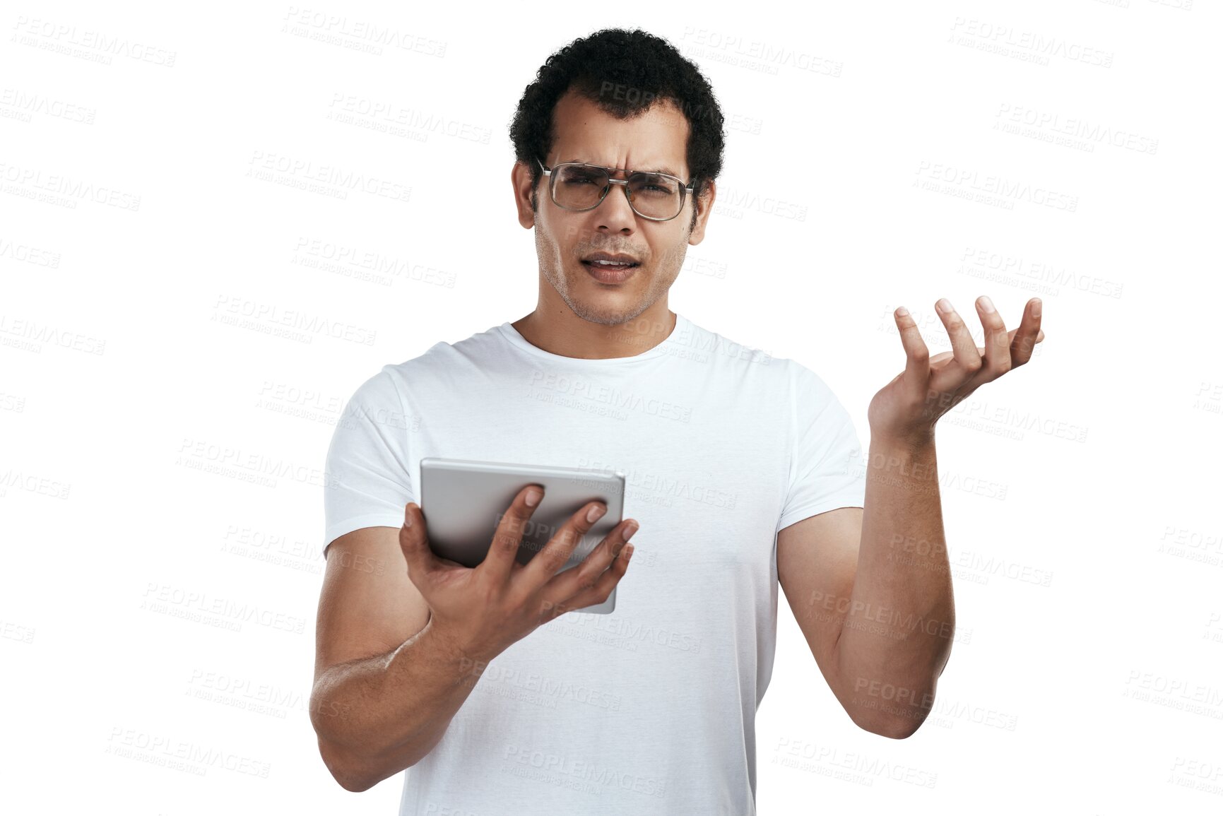 Buy stock photo Doubt, confused and portrait of man with tablet on isolated, PNG and transparent background with problem. Digital tech, frustrated and male person with online glitch, scam email and internet error