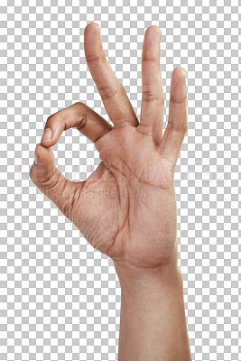 Buy stock photo Approve, perfect and hand with yes sign for agreement on isolated, PNG and transparent background. Okay emoji, support and closeup of gesture, icon and signal for approval, thank you and success