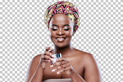 Buy stock photo Beauty, cream and African woman with container on isolated, png and transparent background. Skincare, dermatology and face of happy female person with jar for facial cosmetics, lotion and moisturizer