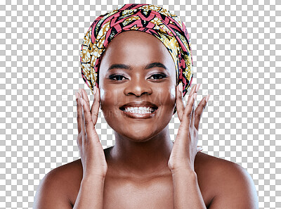 Buy stock photo Skincare, cream and portrait of African woman on isolated, png and transparent background. Beauty, dermatology and happy female person with lotion, antiaging creme and face moisturizer for wellness