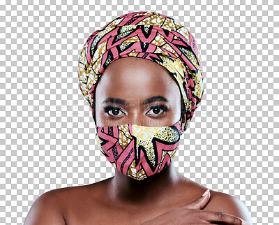 Buy stock photo Woman, design print and face mask isolated on transparent png background for virus, bacteria and safety fashion. Creative, fabric and portrait of african person in color, textile or pattern for covid