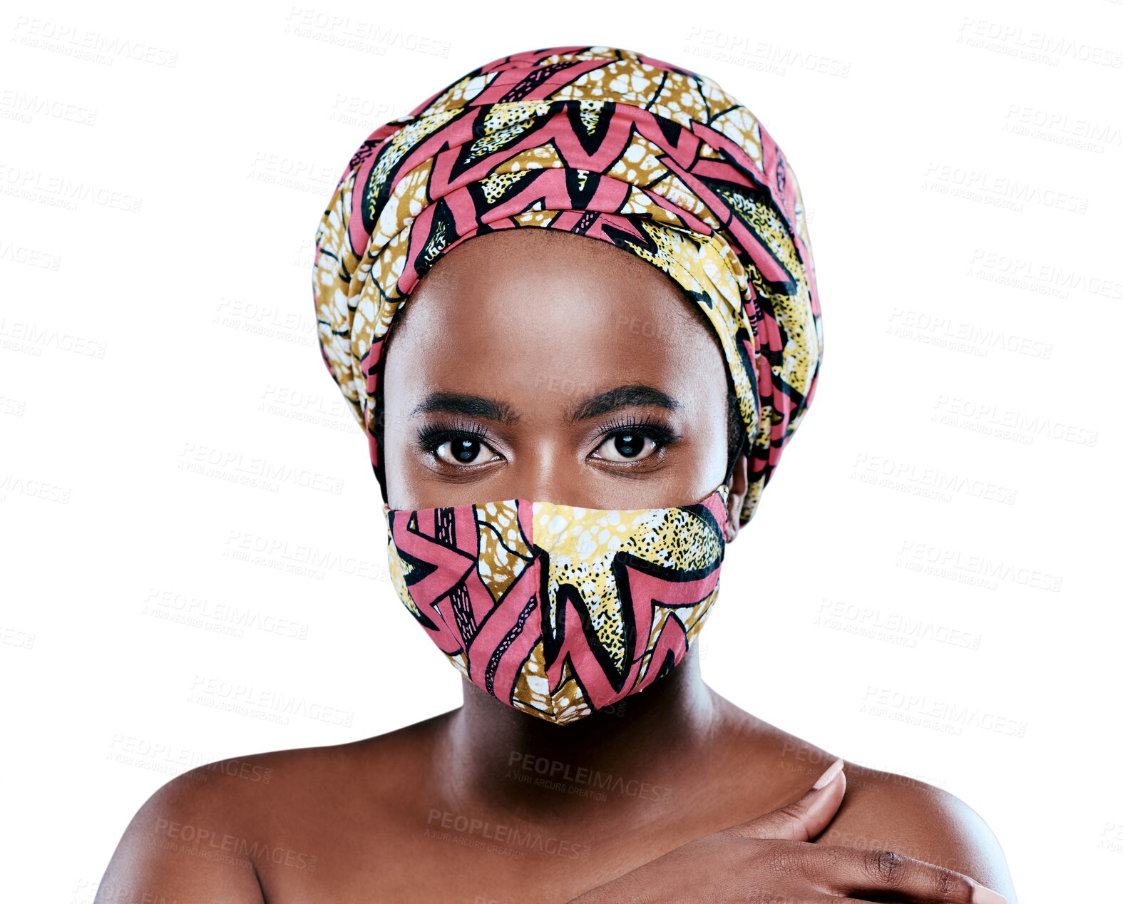 Buy stock photo Woman, design print and face mask isolated on transparent png background for virus, bacteria and safety fashion. Creative, fabric and portrait of african person in color, textile or pattern for covid