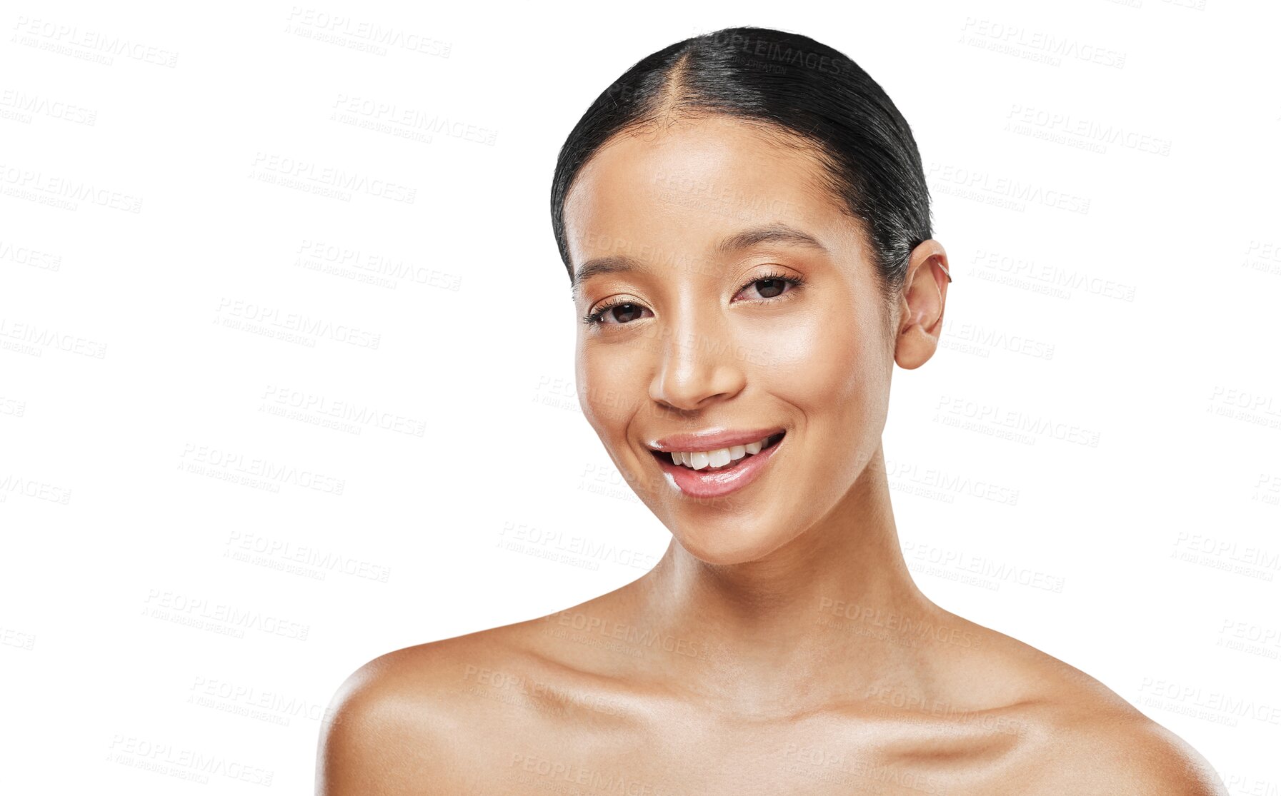 Buy stock photo Natural, beauty and portrait of woman with smile and happy for skincare isolated in a transparent or png background. Shine, clean and young female person with smooth or glow skin due to cosmetic care