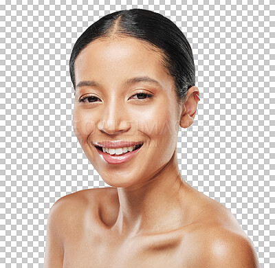 Buy stock photo Natural, face and portrait of woman with beauty and happy for skincare isolated in a transparent or png background. Smile, clean and young female person with smooth or glow skin due to cosmetic care