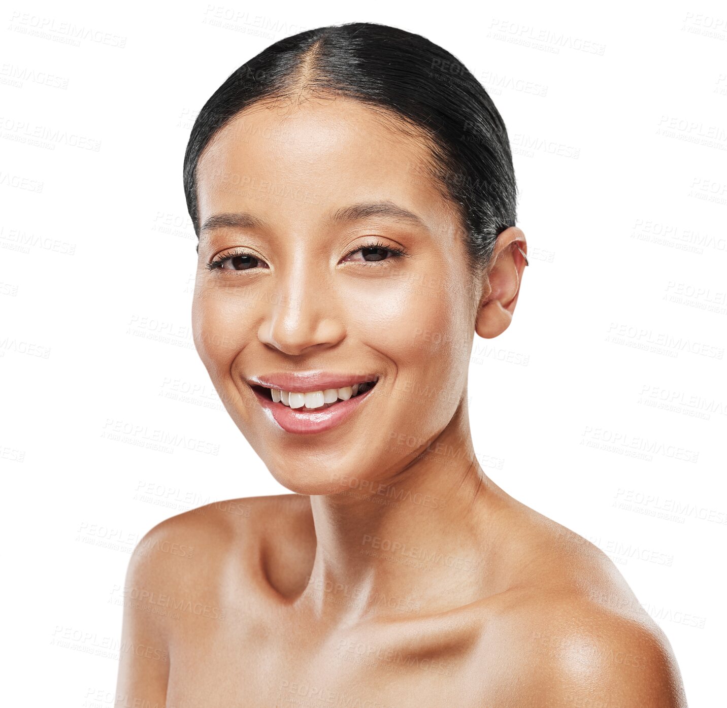 Buy stock photo Natural, face and portrait of woman with beauty and happy for skincare isolated in a transparent or png background. Smile, clean and young female person with smooth or glow skin due to cosmetic care