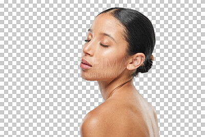 Buy stock photo Makeup, beauty and woman with skincare cosmetic care for wellness isolated in a transparent or png background. Shine, face and young female person closed eyes with smooth skin due to cosmetics