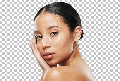 Buy stock photo Face, beauty and portrait of woman with skincare and natural cosmetics isolated in a transparent or png background. Shine, clean and young female person with smooth or glow skin due to cosmetic care