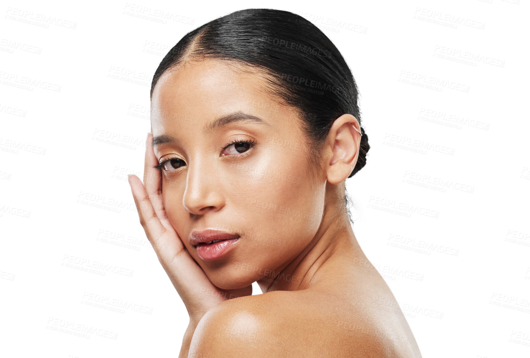 Buy stock photo Face, beauty and portrait of woman with skincare and natural cosmetics isolated in a transparent or png background. Shine, clean and young female person with smooth or glow skin due to cosmetic care